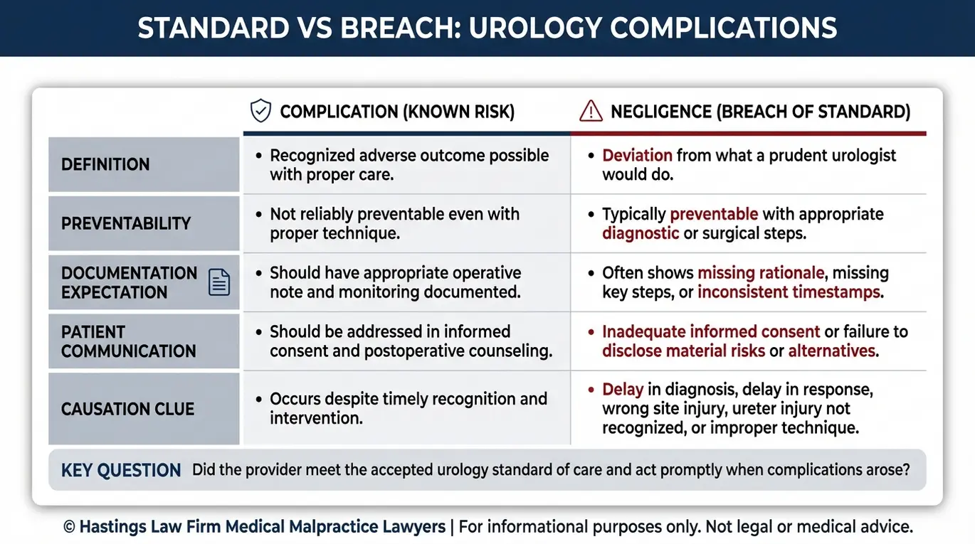 Tabla comparativa que explica cómo un abogado especializado en negligencia médica urológica de Texas distingue entre una complicación conocida y la negligencia, basándose en factores relacionados con el estándar de atención, la documentación, el consentimiento informado y los indicios de causalidad.
