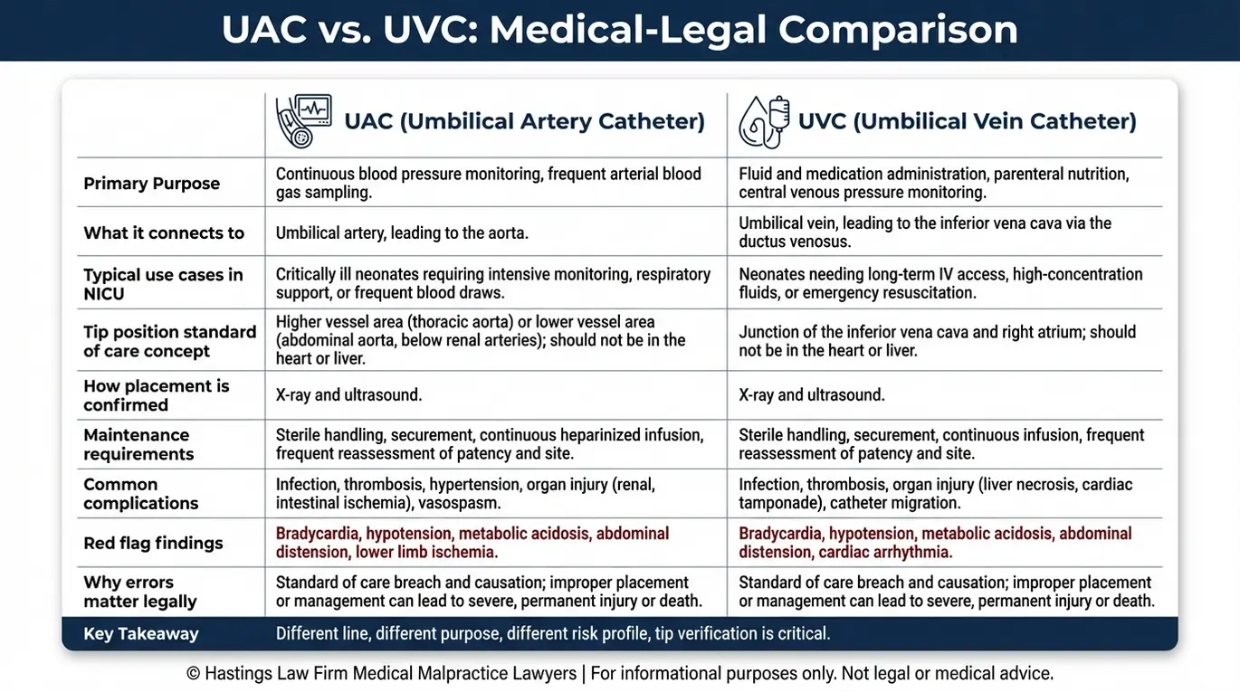 Comparison chart for an Arizona Umbilical Catheter Birth Injury Lawyer showing UAC versus UVC uses tip position verification methods and major risks including infection thrombosis and organ injury.