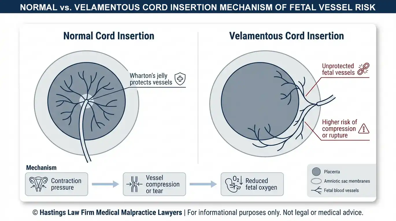 Clinical diagram comparing normal and velamentous cord insertion anatomy and how exposed fetal vessels can cause oxygen deprivation for an Arizona Velamentous Cord Insertion Lawyer case review.