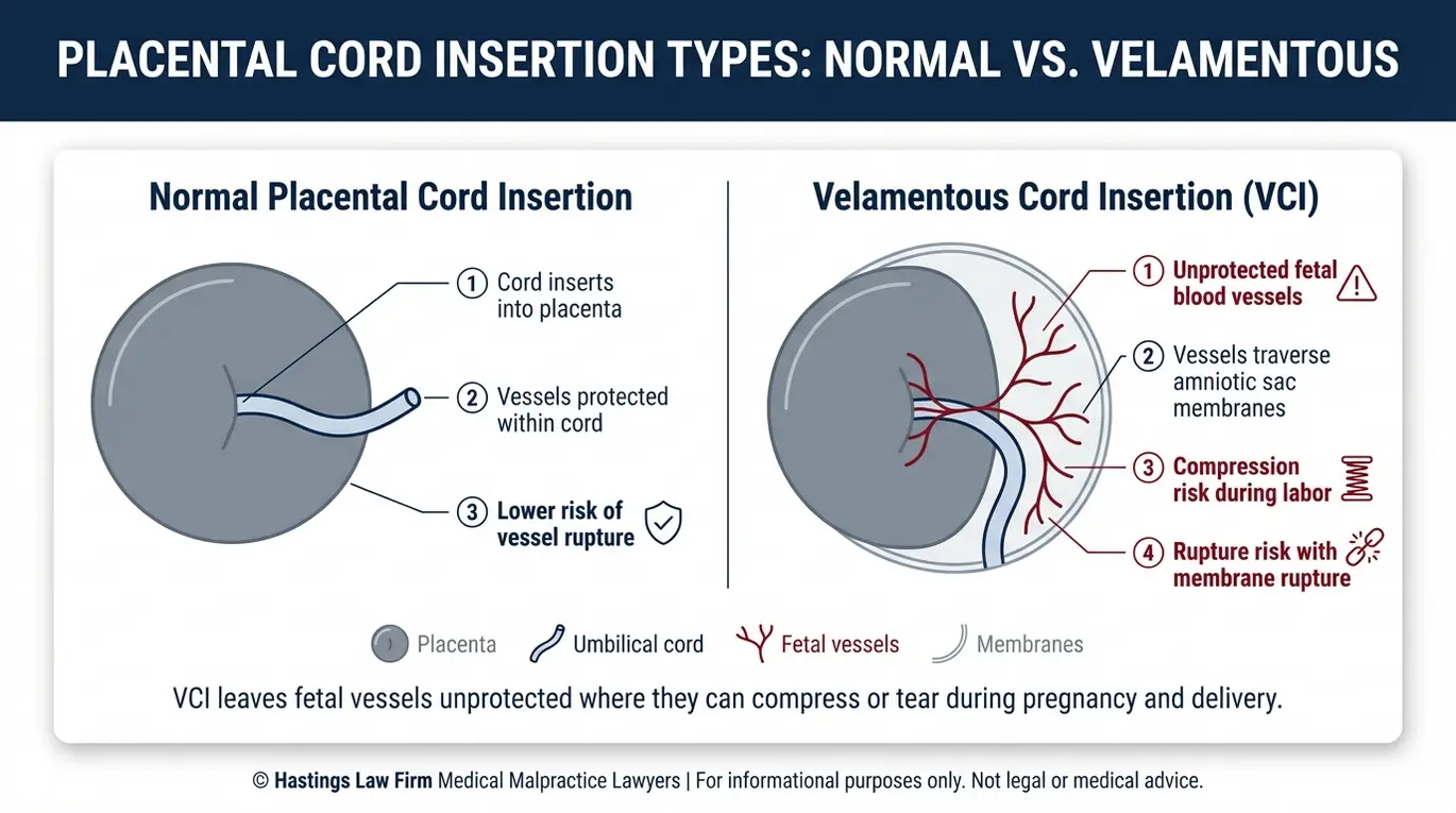 Clinical diagram explaining normal versus velamentous cord insertion with labeled placenta umbilical cord membranes and exposed fetal vessels to support a Texas Velamentous Cord Insertion Error Lawyer case review.