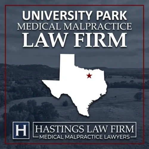 Los mejores abogados de negligencia médica en University Park Texas Paisaje de University Park Texas. Una estrella roja señala el lugar donde los abogados locales especializados en negligencias médicas han ayudado a pacientes lesionados. El logotipo de The Hastings Law Firm aparece en la parte inferior.