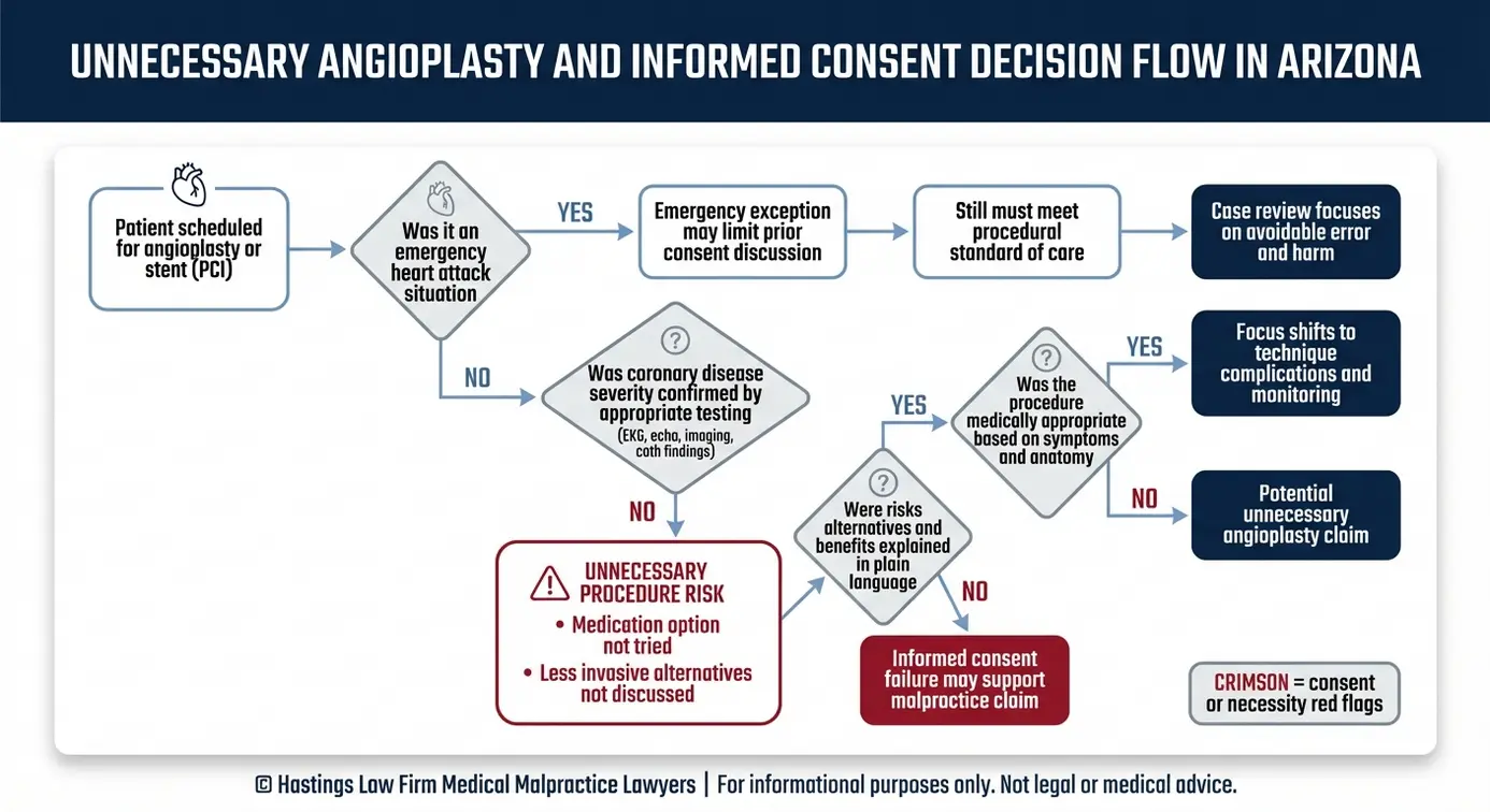 Diagrama de flujo para un abogado especializado en negligencia médica en angioplastias de Arizona, en el que se describen los puntos de decisión para las pruebas de excepción de emergencia que respaldan la falta de necesidad médica y de consentimiento informado en casos de angioplastia.
