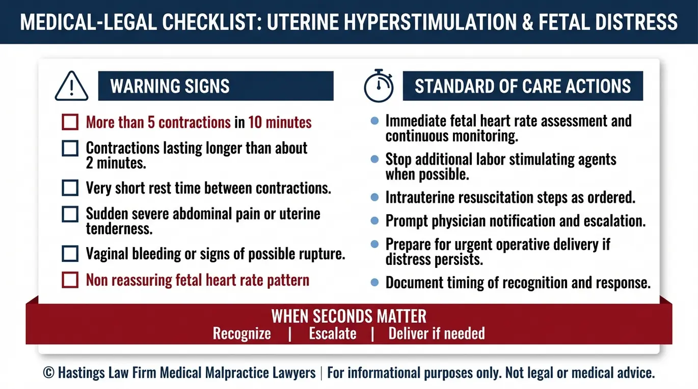 Warning checklist for tachysystole and uterine hyperstimulation signs plus standard of care responses in a Texas Misoprostol Induction Error Lawyer evaluation of fetal distress.