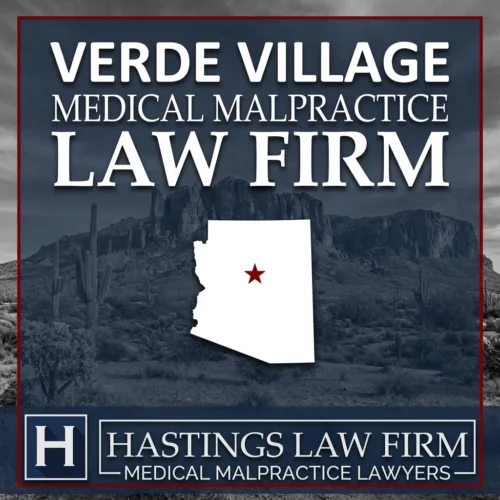 Los mejores abogados especializados en negligencia médica en Verde Village, Arizona Una vista panorámica de Verde Village, Arizona. Una estrella roja señala el lugar donde los abogados locales especializados en negligencia médica han ayudado a pacientes lesionados. El logotipo de Hastings Law Firm aparece en la parte inferior.