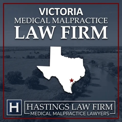 Best Medical Malpractice Attorneys in Victoria Texas A landscape scene of Victoria Texas. A red star pinpoints the location where local Medical Malpractice Lawyers have helped injured patients. The Hastings Law Firm logo appears at the bottom.