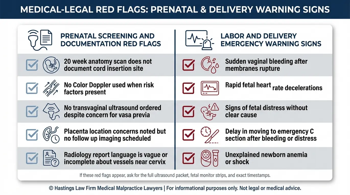 Warning checklist of prenatal and delivery red flags for vasa previa and velamentous cord insertion used by a Texas Velamentous Cord Insertion Error Lawyer to evaluate missed diagnosis and delayed C section response.