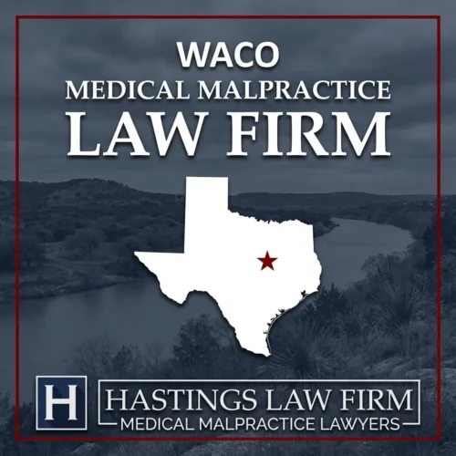 Los mejores Abogados de Negligencia Médica en Waco Texas Paisaje de Waco Texas. Una estrella roja señala el lugar donde los abogados locales especializados en negligencias médicas han ayudado a pacientes lesionados. El logotipo de The Hastings Law Firm aparece en la parte inferior.