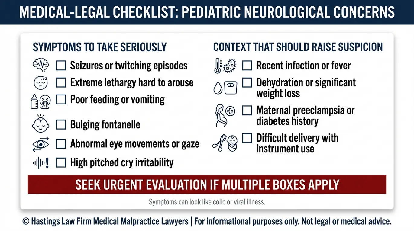 Warning checklist of newborn and infant CVST symptoms and risk contexts to document before seeking help from a Texas Infant Cerebral Venous Sinus Thrombosis Lawyer.