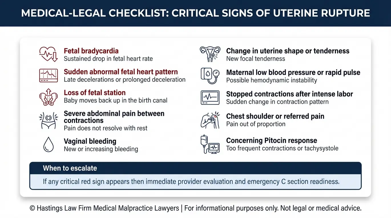 Warning checklist of uterine rupture signs during labor including fetal bradycardia loss of station pain bleeding and tachysystole for families consulting a Texas Uterine Rupture Lawyer.