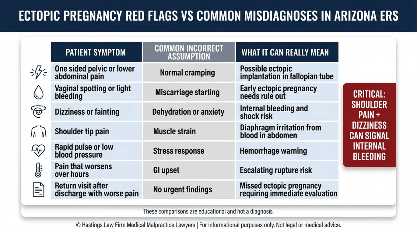 Comparison chart for an Arizona Ectopic Pregnancy Misdiagnosis Lawyer showing key symptoms, common incorrect assumptions, and what the symptoms can actually indicate.