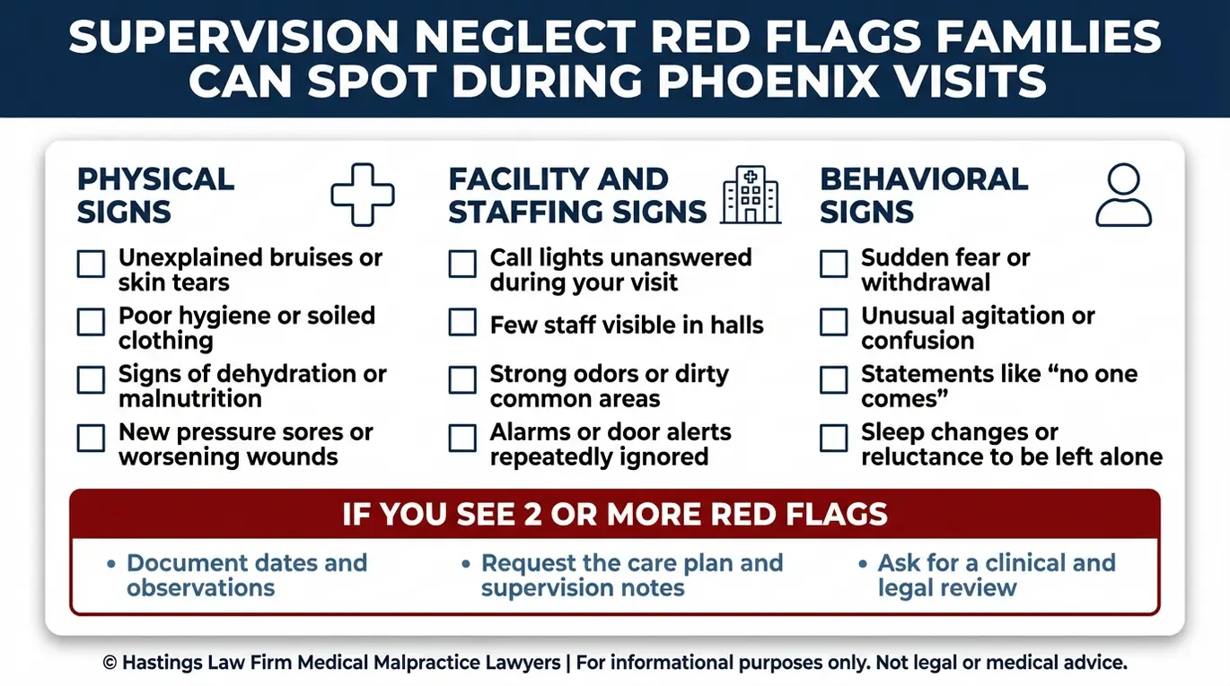 Lista de verificación de advertencia de supervisión negligencia banderas rojas un Phoenix Nursing Home Supervisión Abogado utiliza para ayudar a las familias a identificar la supervisión inadecuada moretones ignorados luces de llamada problemas de higiene y cambios repentinos de comportamiento.