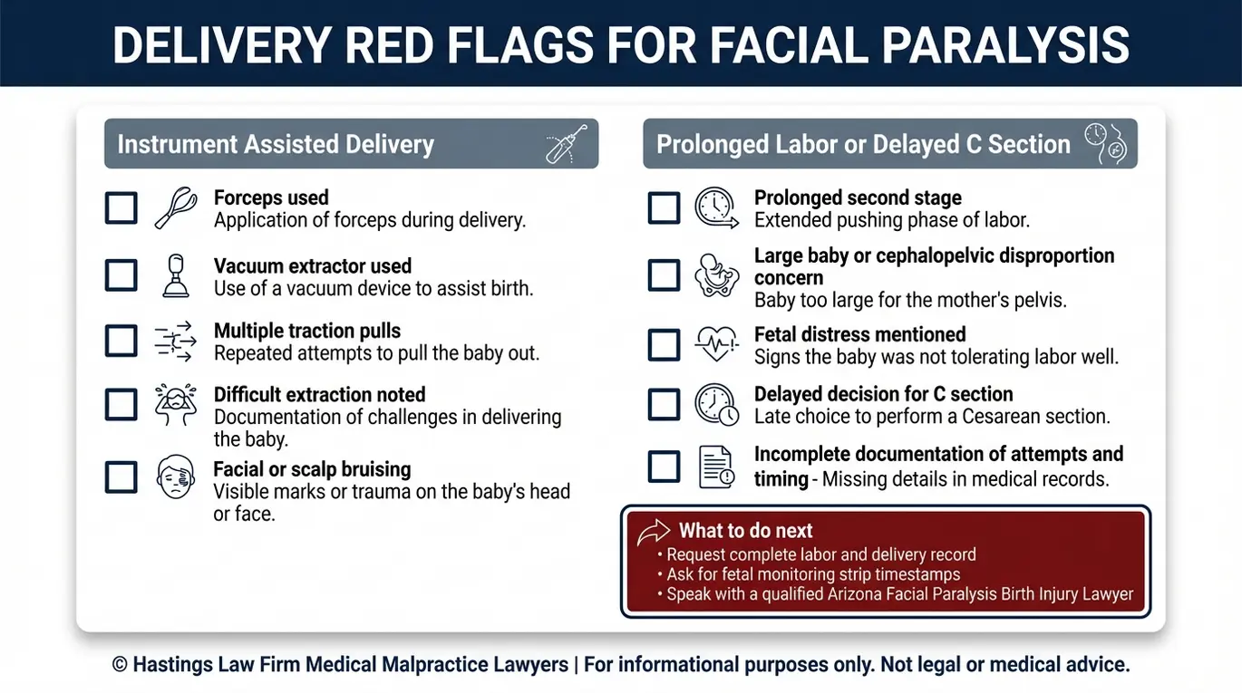 Lista de verificación de señales de alerta en el parto y cuestiones relacionadas con la atención médica estándar que utiliza un abogado especializado en lesiones perinatales por parálisis facial de Arizona para evaluar casos de uso de fórceps, extracción con ventosa, parto prolongado y cesáreas tardías.