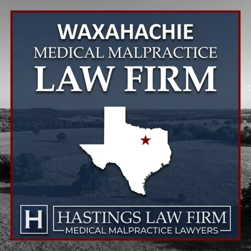 Los mejores abogados especializados en negligencia médica en Waxahachie Texas Una imagen panorámica de Waxahachie Texas. Una estrella roja señala el lugar donde los abogados locales especializados en negligencia médica han ayudado a pacientes lesionados. El logotipo de Hastings Law Firm aparece en la parte inferior.