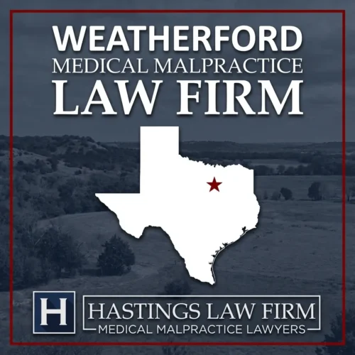 Los mejores abogados especializados en negligencia médica en Weatherford Texas Una imagen panorámica de Weatherford Texas. Una estrella roja señala el lugar donde los abogados locales especializados en negligencia médica han ayudado a pacientes lesionados. El logotipo de Hastings Law Firm aparece en la parte inferior.