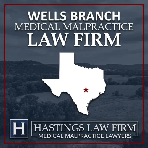 Best Medical Malpractice Attorneys in Wells Branch Texas A landscape scene of Wells Branch Texas. A red star pinpoints the location where local Medical Malpractice Lawyers have helped injured patients. The Hastings Law Firm logo appears at the bottom.