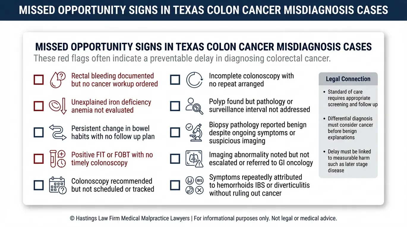 Lista de verificación de los indicios de oportunidades perdidas que evalúa un abogado especializado en diagnósticos erróneos de cáncer de colon según el modelo Texas, entre los que se incluyen el sangrado rectal ignorado, un resultado positivo en la prueba FIT o FOBT y la falta de seguimiento tras una colonoscopia.