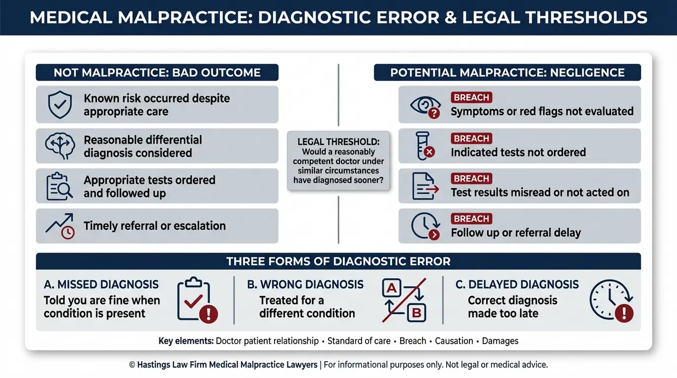 Cuadro comparativo que explica cuándo un abogado especializado en Texas puede considerar que un diagnóstico médico erróneo es un mal resultado frente a una negligencia médica, incluyendo la omisión del diagnóstico, el diagnóstico erróneo y el diagnóstico tardío, con los elementos clave de la norma de atención médica.