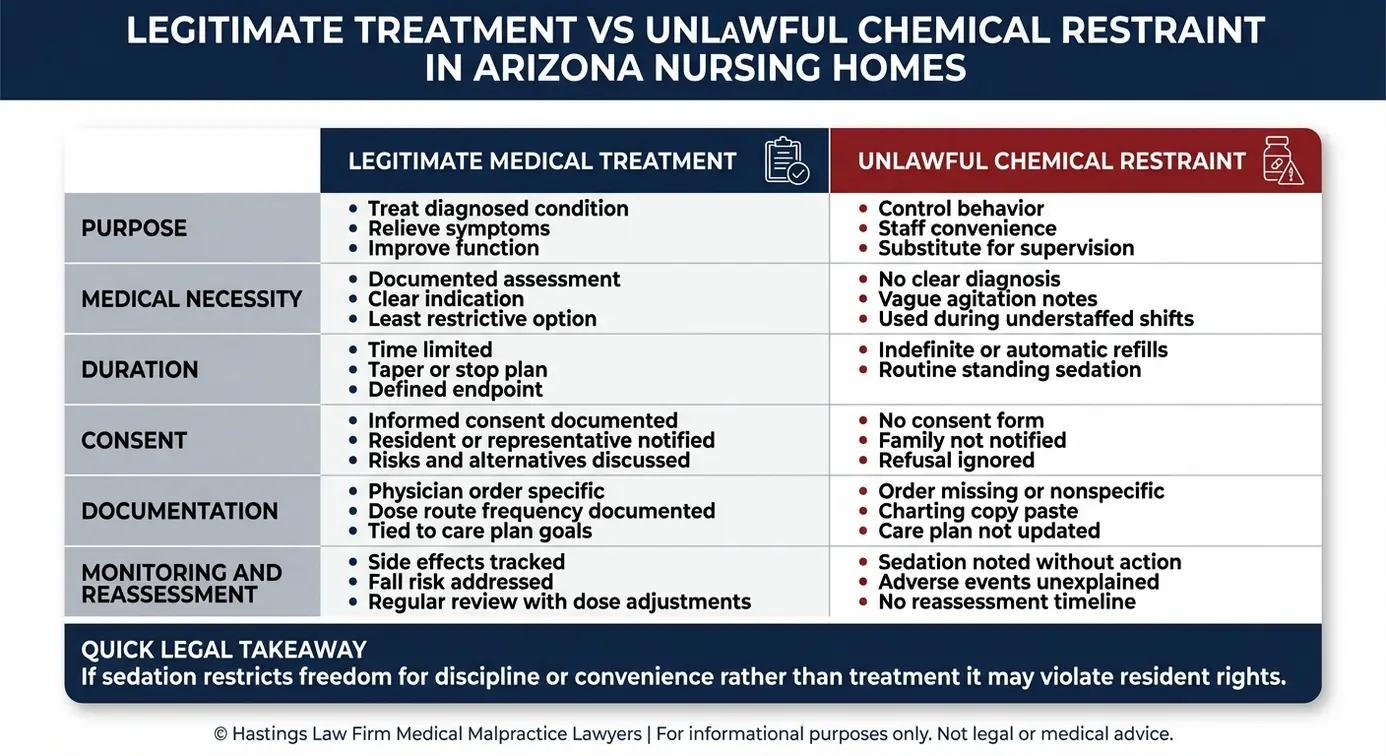 Tabla comparativa que explica qué se considera abuso de la restricción química, elaborada por un abogado especializado en restricción química en residencias de ancianos de Arizona, incluyendo las diferencias entre el tratamiento legítimo y la sedación ilegal en cuanto a finalidad, consentimiento, duración, documentación y supervisión.