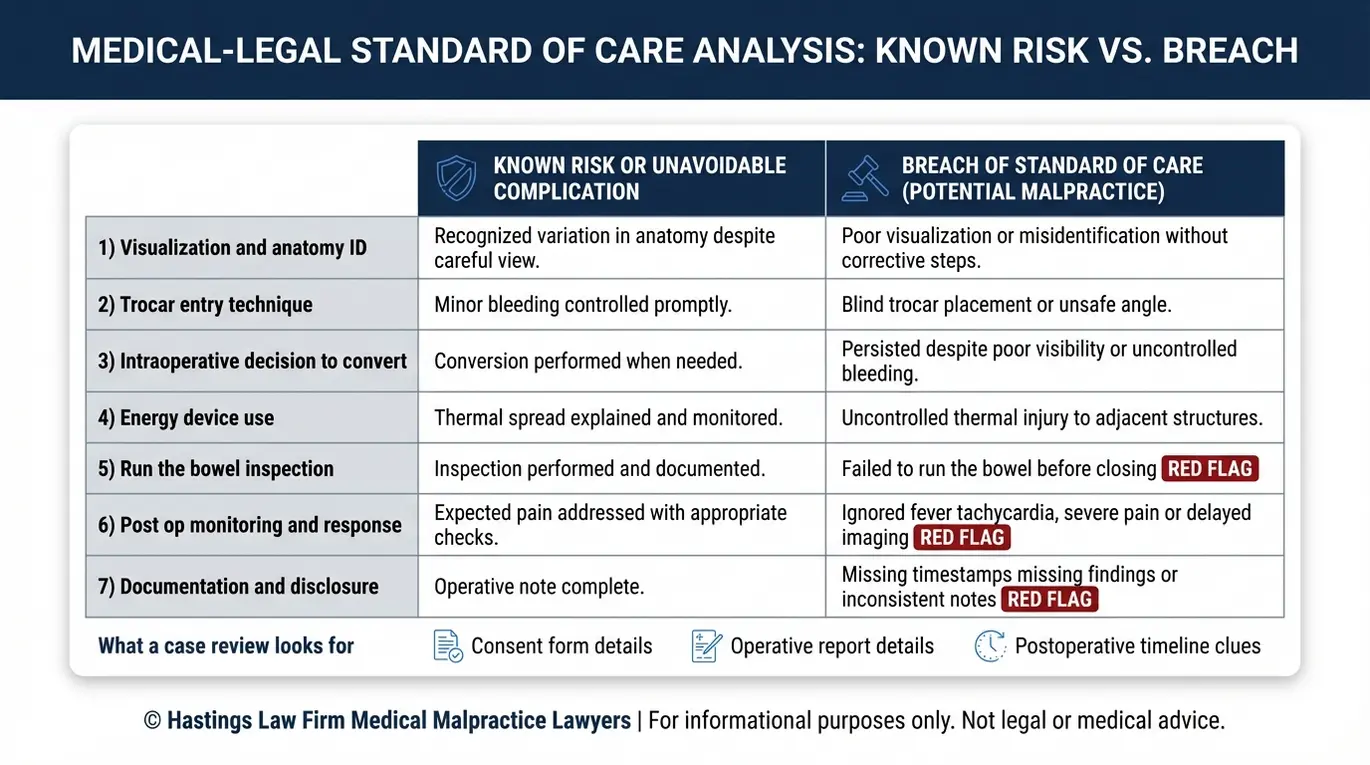 Comparison chart explaining known risks versus breach of standard of care in a laparoscopic surgery malpractice claim reviewed by a Texas Laparoscopic Surgery Error Lawyer.