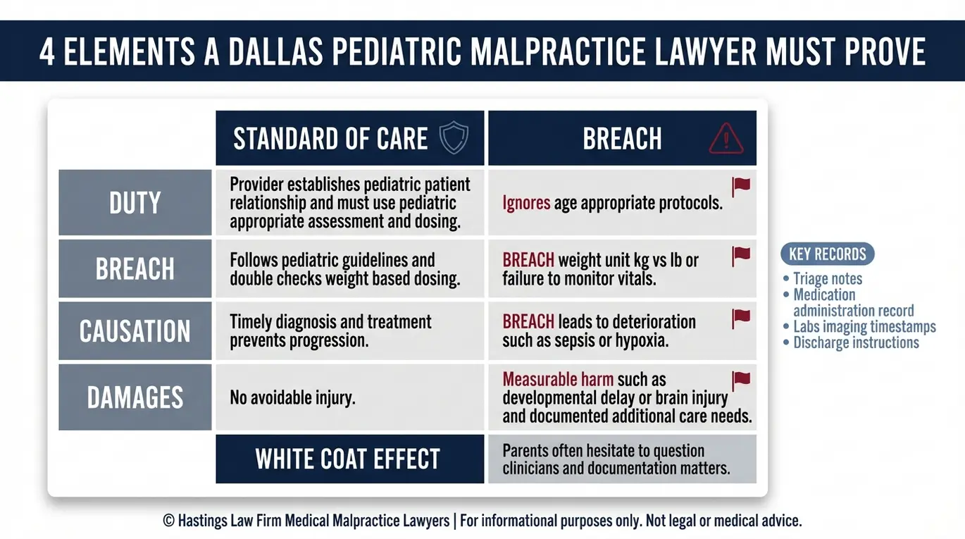 Tabla comparativa que muestra los cuatro elementos jurídicos que un abogado especializado en negligencia médica pediátrica de Dallas demuestra en relación con el estándar de atención pediátrica, junto con ejemplos de incumplimiento y elementos clave de evidencia de los expedientes médicos.