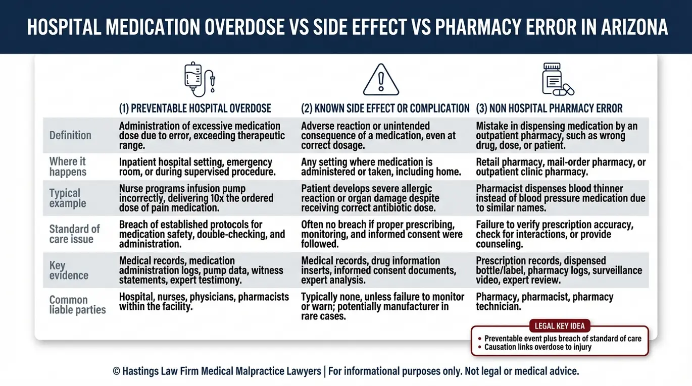 Comparison chart explaining what counts as an Arizona medication overdose in hospital case versus a known side effect and a pharmacy error, including standard of care and evidence cues for an Arizona Medication Overdose in Hospital Lawyer review.