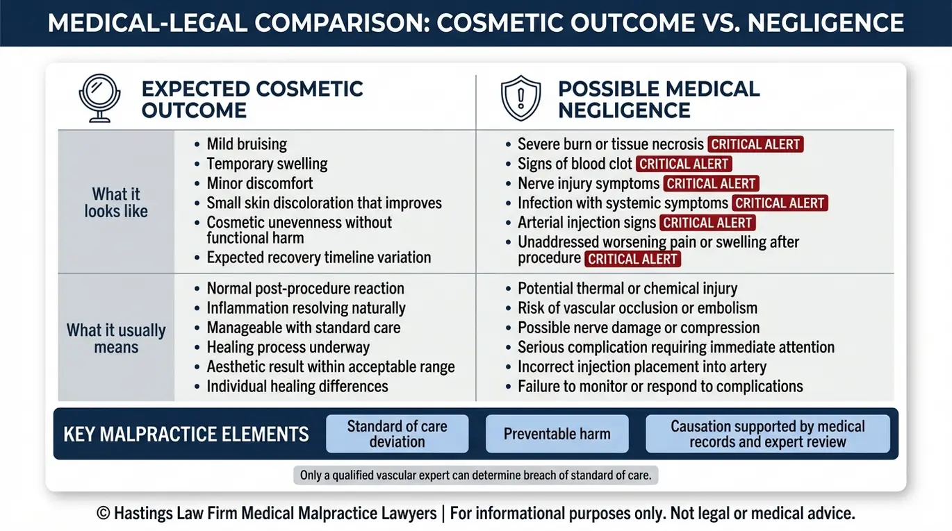 Tabla comparativa de Texas sobre asesoramiento legal en casos de negligencia médica en flebología, que muestra los resultados estéticos esperados frente a los indicios de negligencia médica y los elementos clave de una demanda por negligencia.