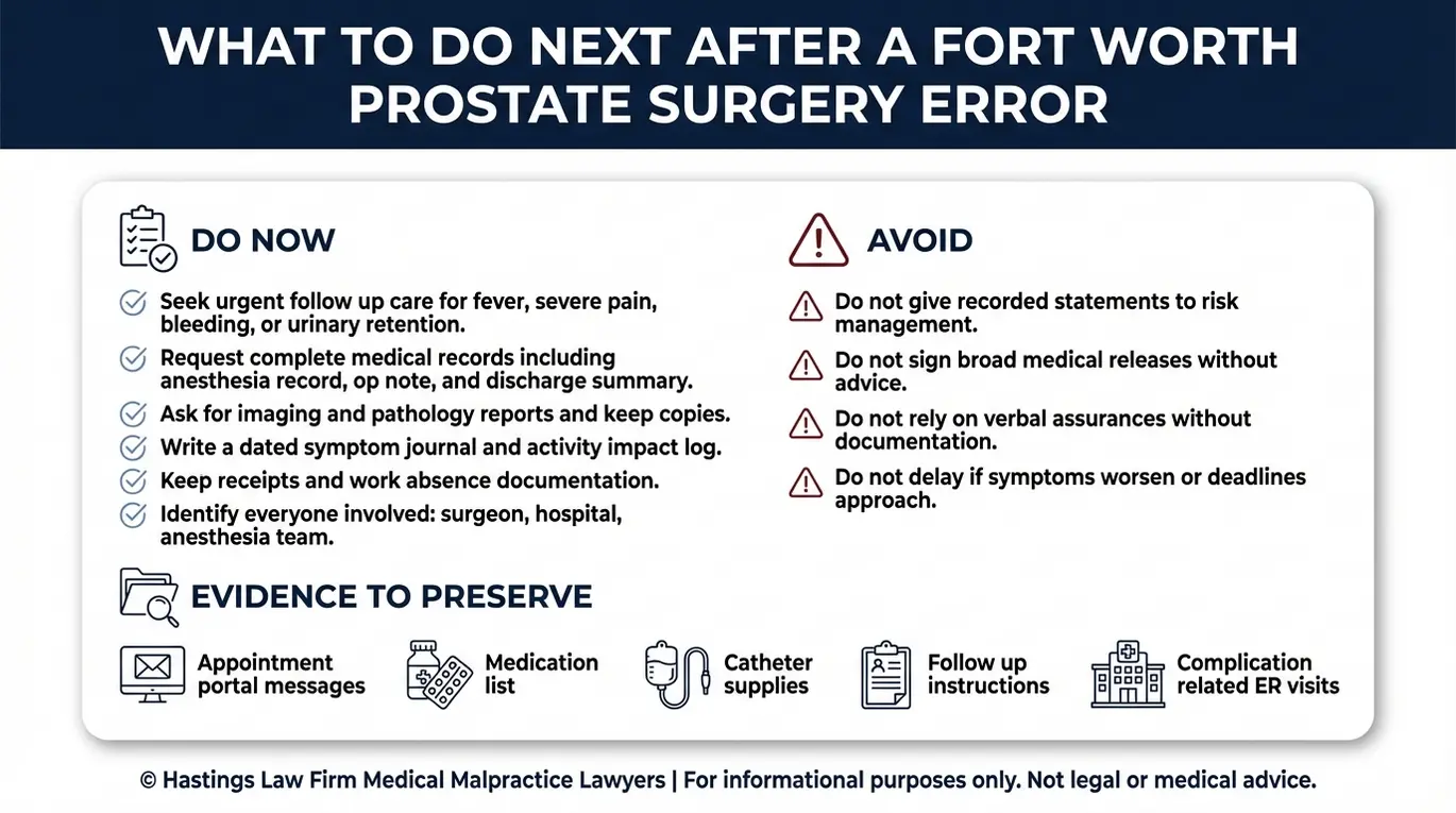 Warning checklist of immediate steps and avoid list after a prostatectomy complication prepared for readers seeking a Fort Worth Prostate Surgery Error Lawyer including records requests symptom journal and evidence preservation.