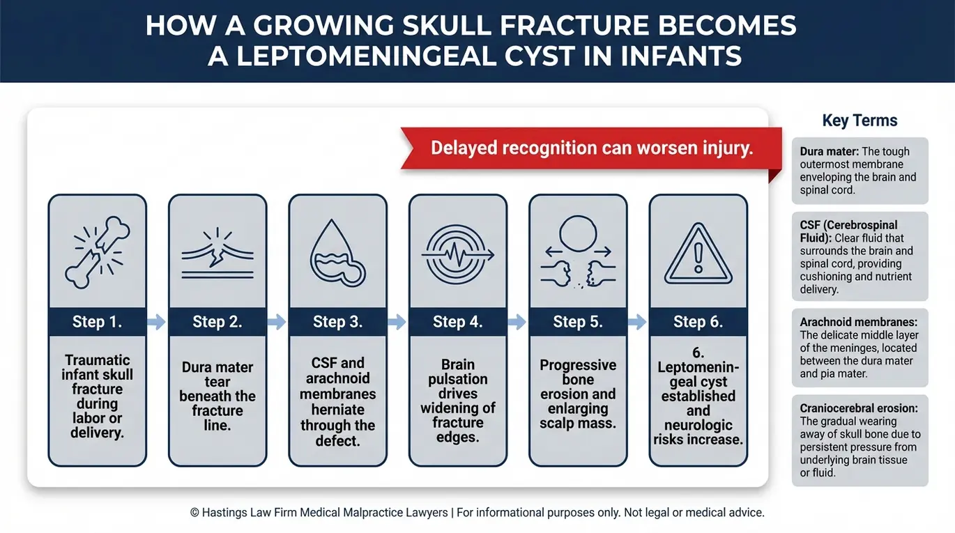 Process flowchart explaining how a skull fracture progresses into a leptomeningeal cyst for Texas Infant Leptomeningeal Cyst Lawyer research.