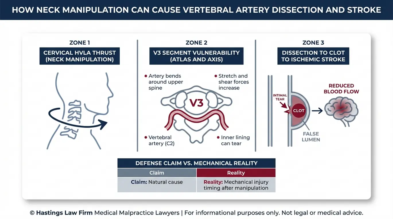 Clinical diagram showing how neck manipulation can cause vertebral artery dissection in the V3 segment leading to clot formation and ischemic stroke relevant to an Arizona Chiropractic Stroke Lawyer case.