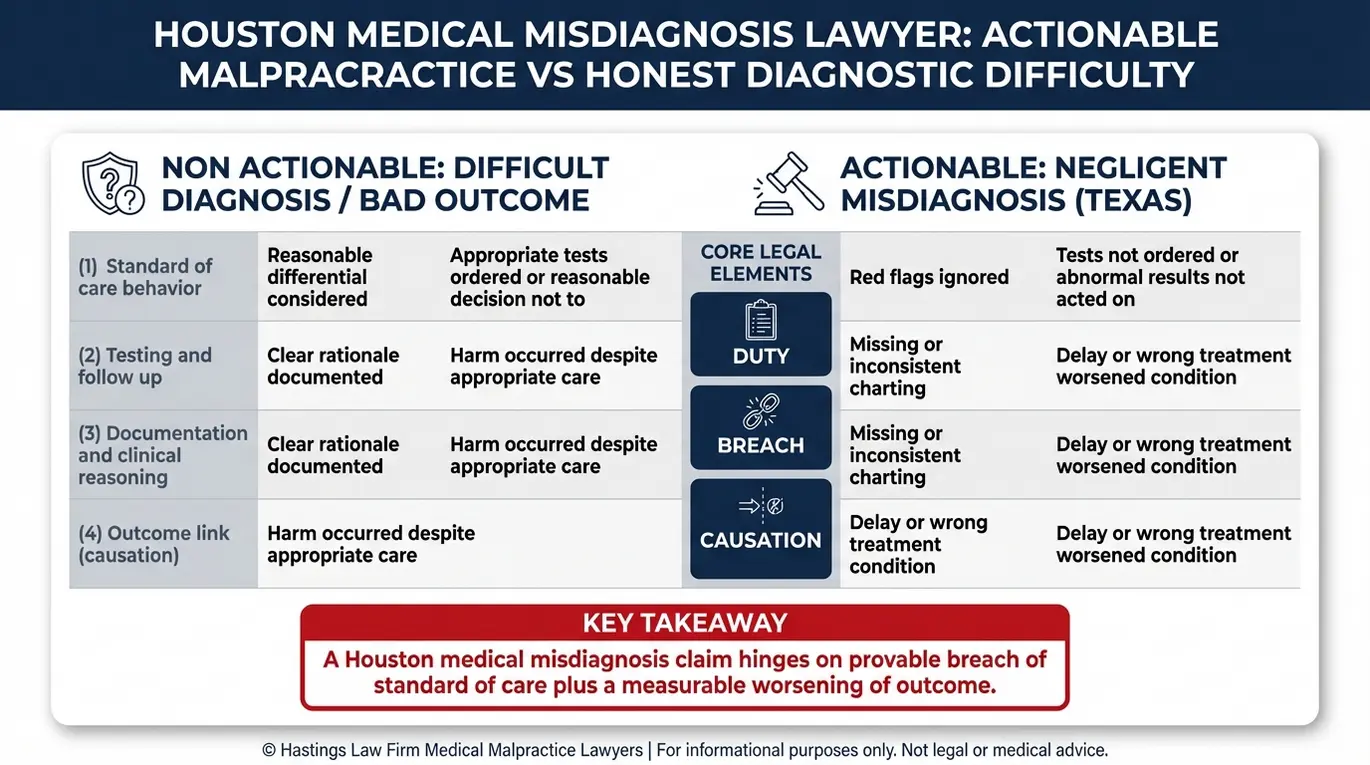 Cuadro comparativo que explica lo que hace que un caso sea procesable para un abogado de Houston de diagnóstico médico erróneo, contrastando la dificultad de diagnóstico honesto con el incumplimiento negligente de la norma de atención y causalidad.