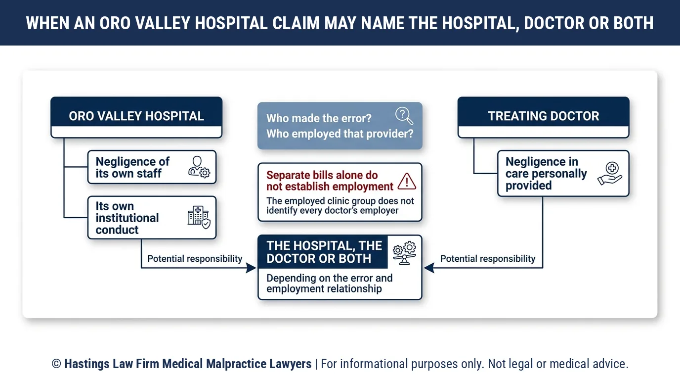 Should I sue Oro Valley Hospital or my doctor, and how does a hospital malpractice attorney find out who is responsible.