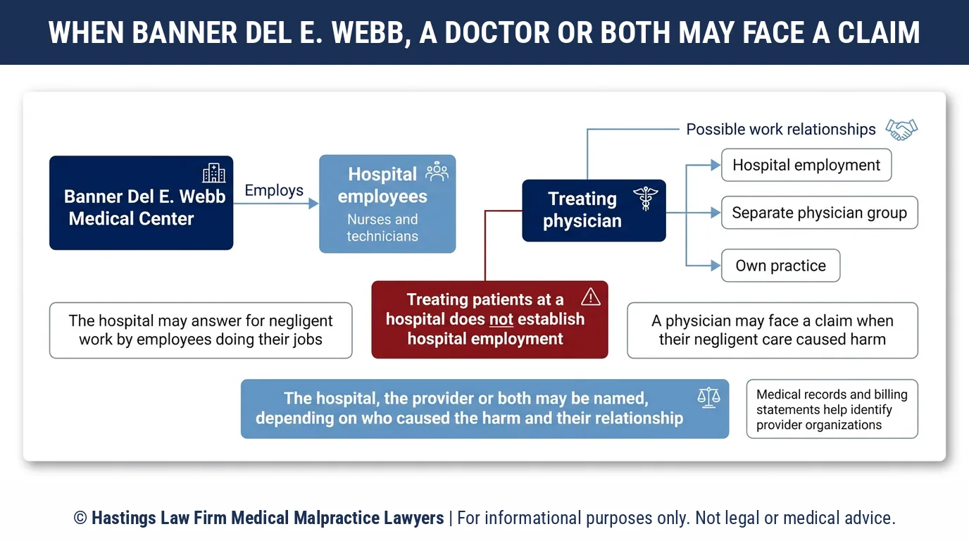 ¿Puede un abogado especializado en negligencia médica demandar al Banner Del E Webb Medical Center por un médico que no es empleado de la institución?.