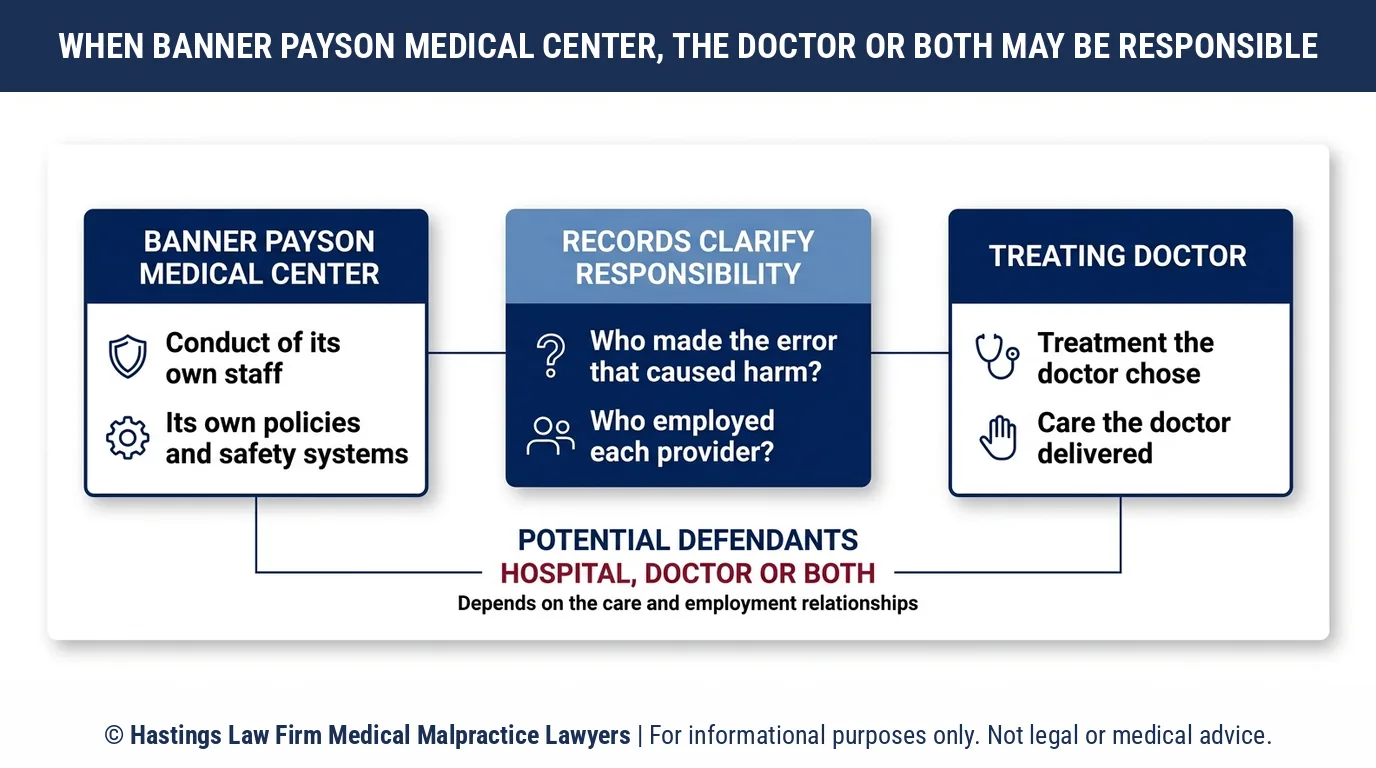 Who is liable for a mistake at Banner Payson Medical Center, and how does a hospital malpractice attorney decide who to name.