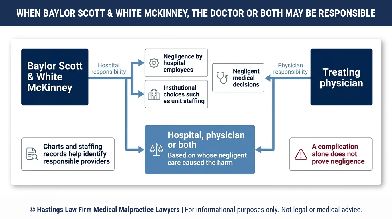 Should a hospital malpractice attorney sue Baylor Scott & White Medical Center McKinney or the treating physician over my injury.