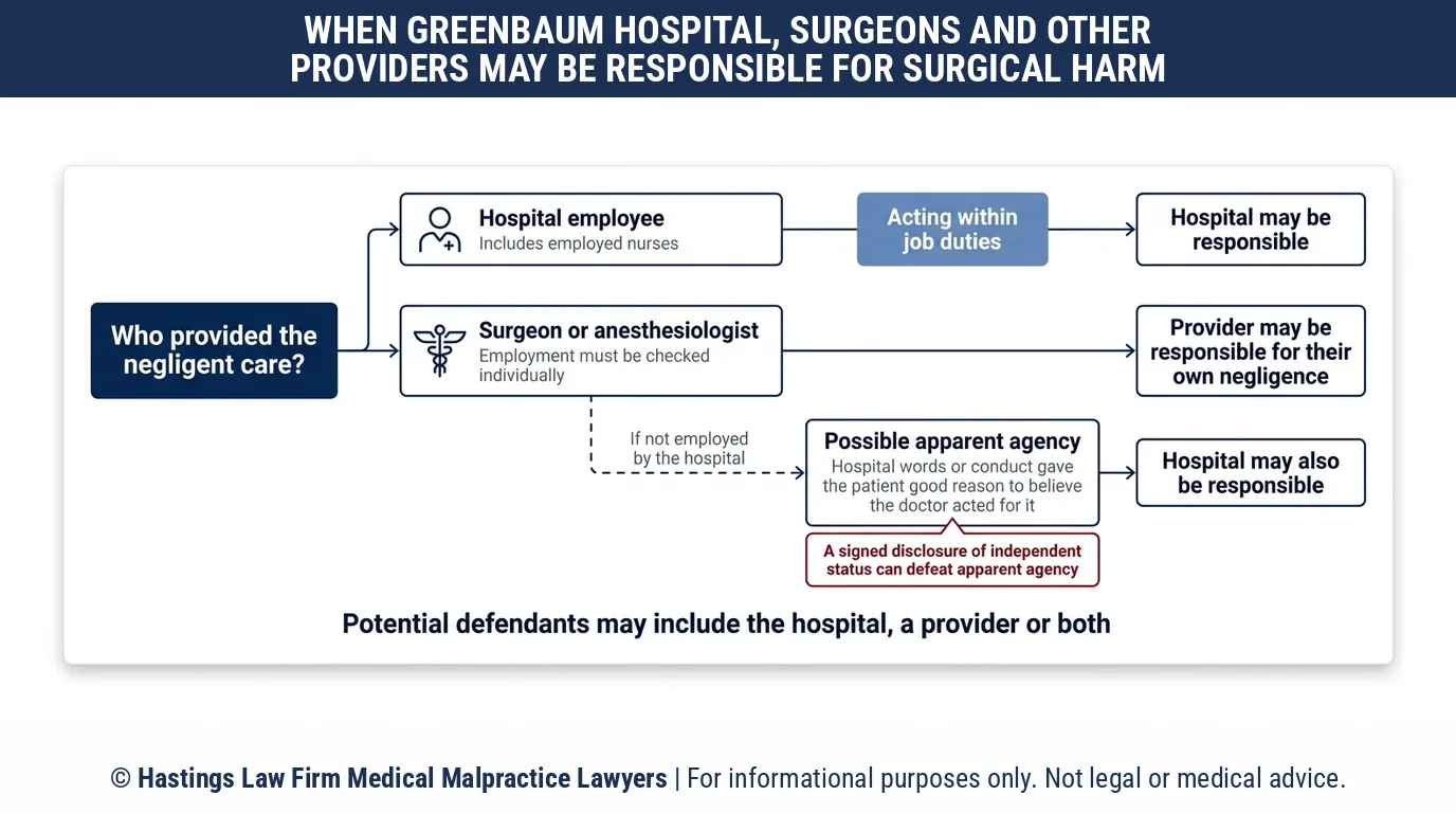 ¿Puede un abogado que defiende a los pacientes de negligencia médica demandar a HonorHealth Greenbaum Surgical Specialty Hospital cuando un cirujano que no emplea en la institución causó el daño?.
