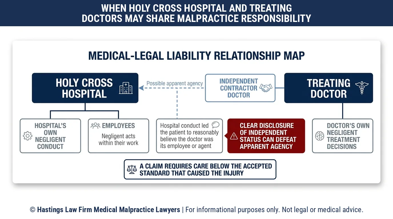 Can a hospital malpractice attorney hold Holy Cross Hospital responsible for a doctor who is an independent contractor.