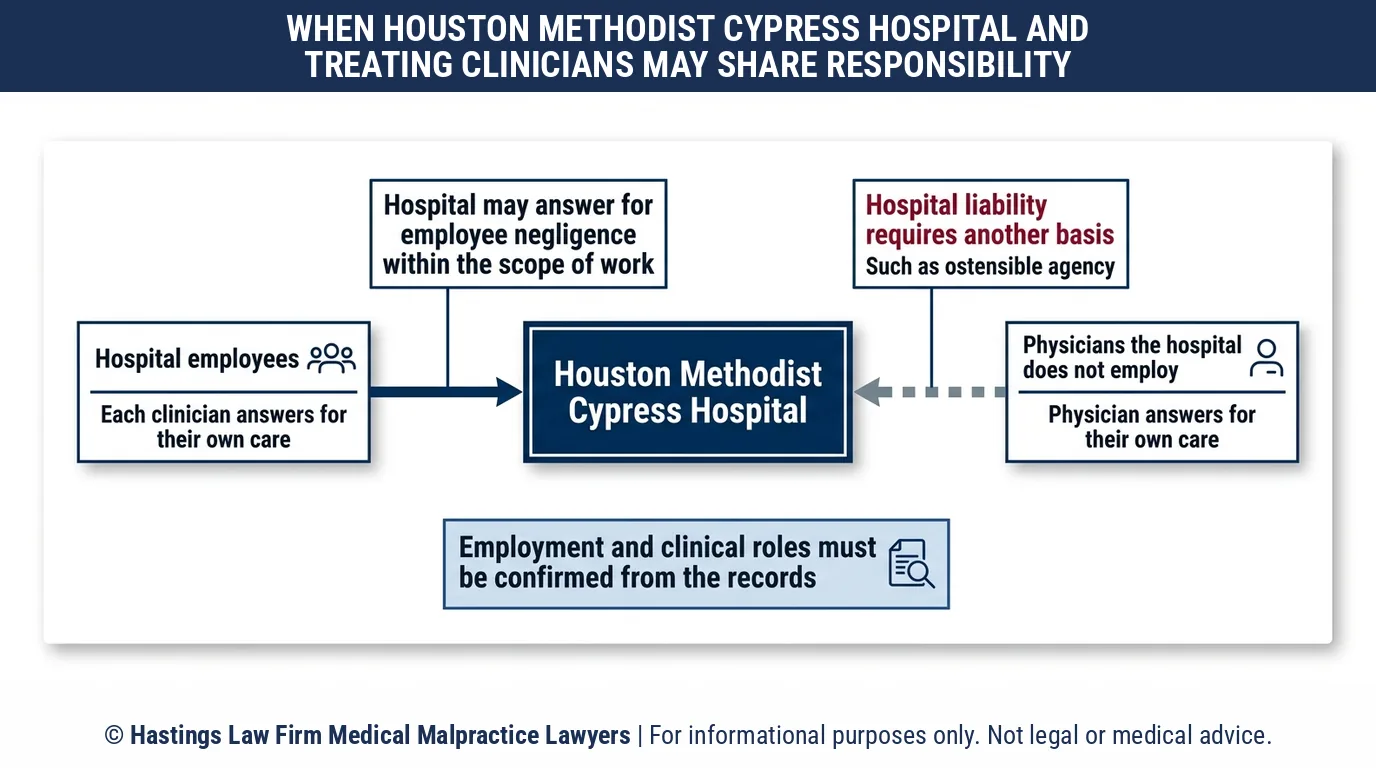 Si un abogado de negligencia hospitalaria demanda al Houston Methodist Cypress Hospital, al médico que lo atiende o a ambos tras una lesión prevenible.