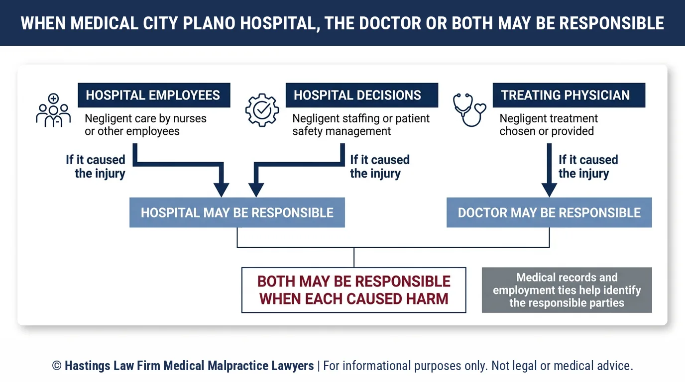 Who is responsible for an injury at Medical City Plano Hospital and how does a hospital malpractice attorney decide who to sue.
