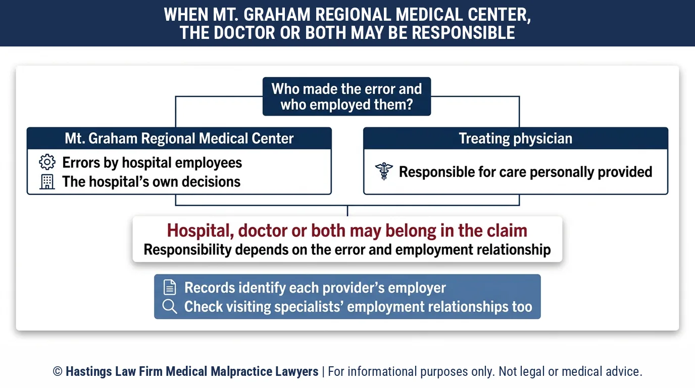 ¿Debería demandar al Mt. Graham Regional Medical Center o a mi médico, y cómo decide un abogado especializado en negligencia médica quién es el responsable?.