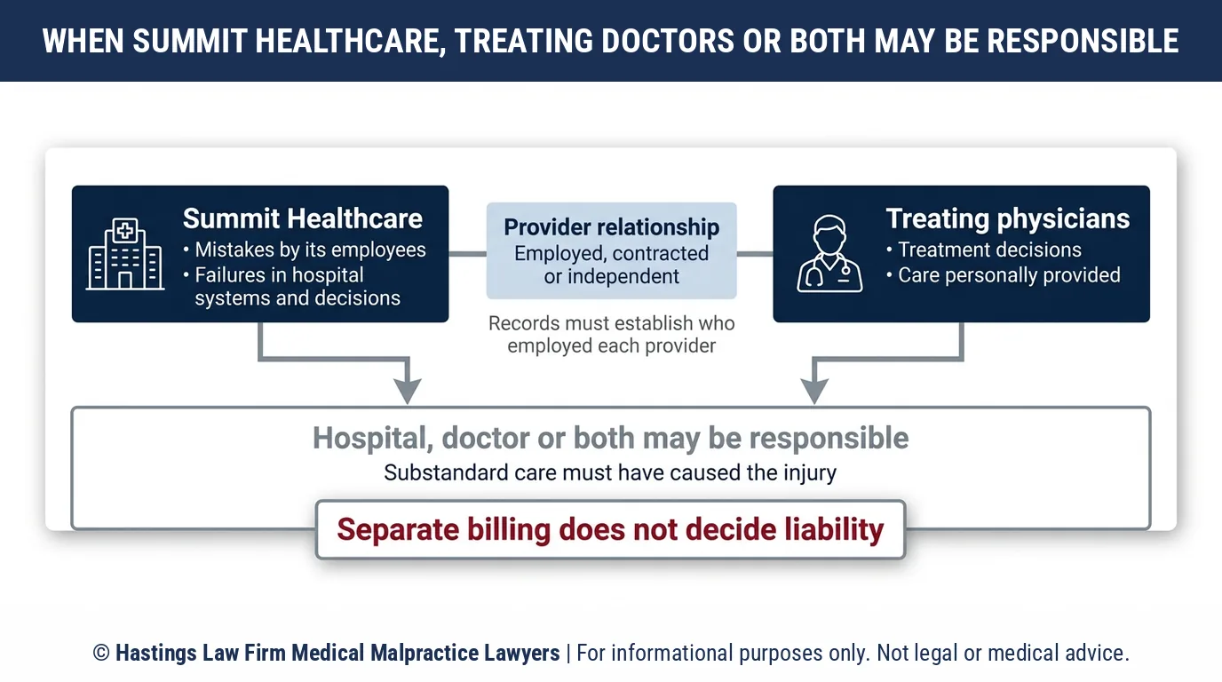 ¿Debería demandar al Summit Healthcare Regional Medical Center o a mi médico y qué debe demostrar un abogado especializado en negligencia médica en Arizona?.