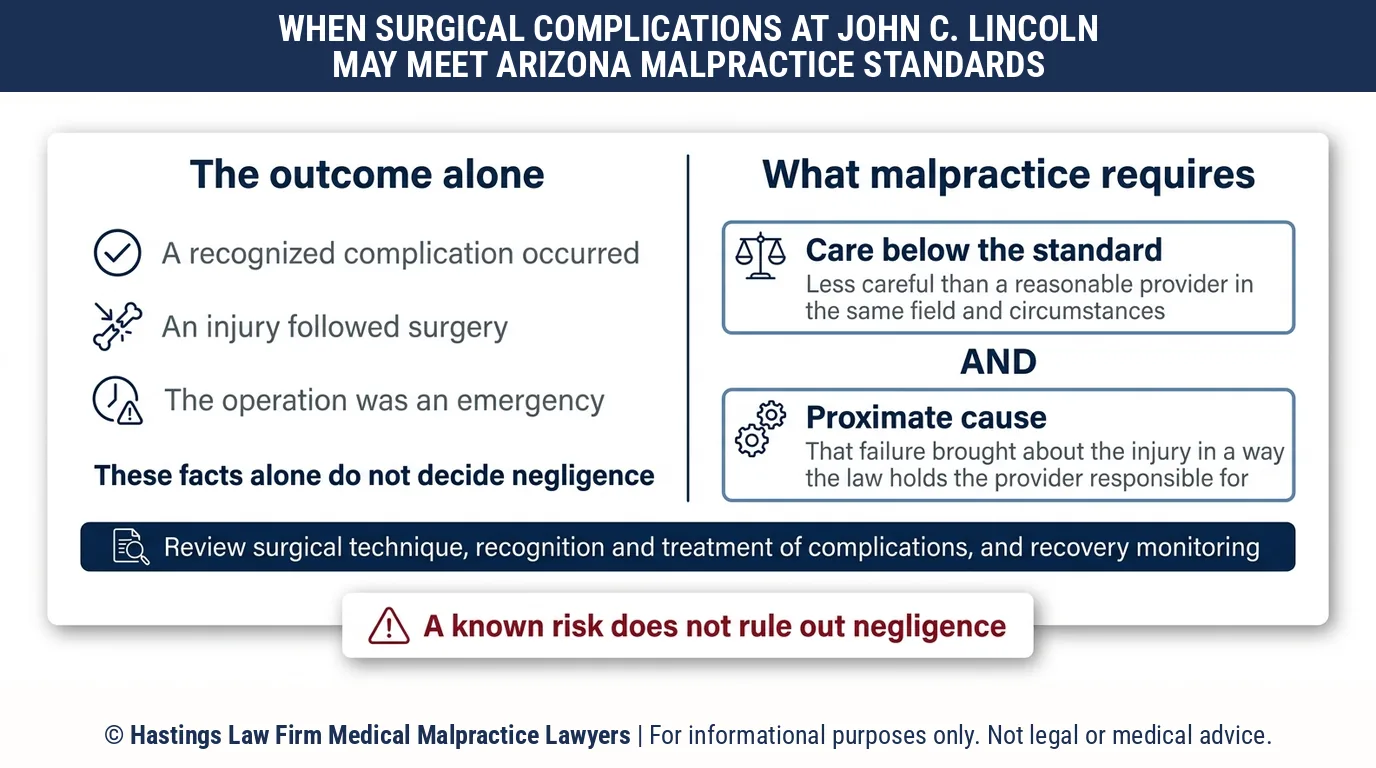 Cuando una complicación quirúrgica en el HonorHealth John C Lincoln Medical Center se convierta en negligencia, un abogado especializado en negligencia hospitalaria puede actuar en Arizona.