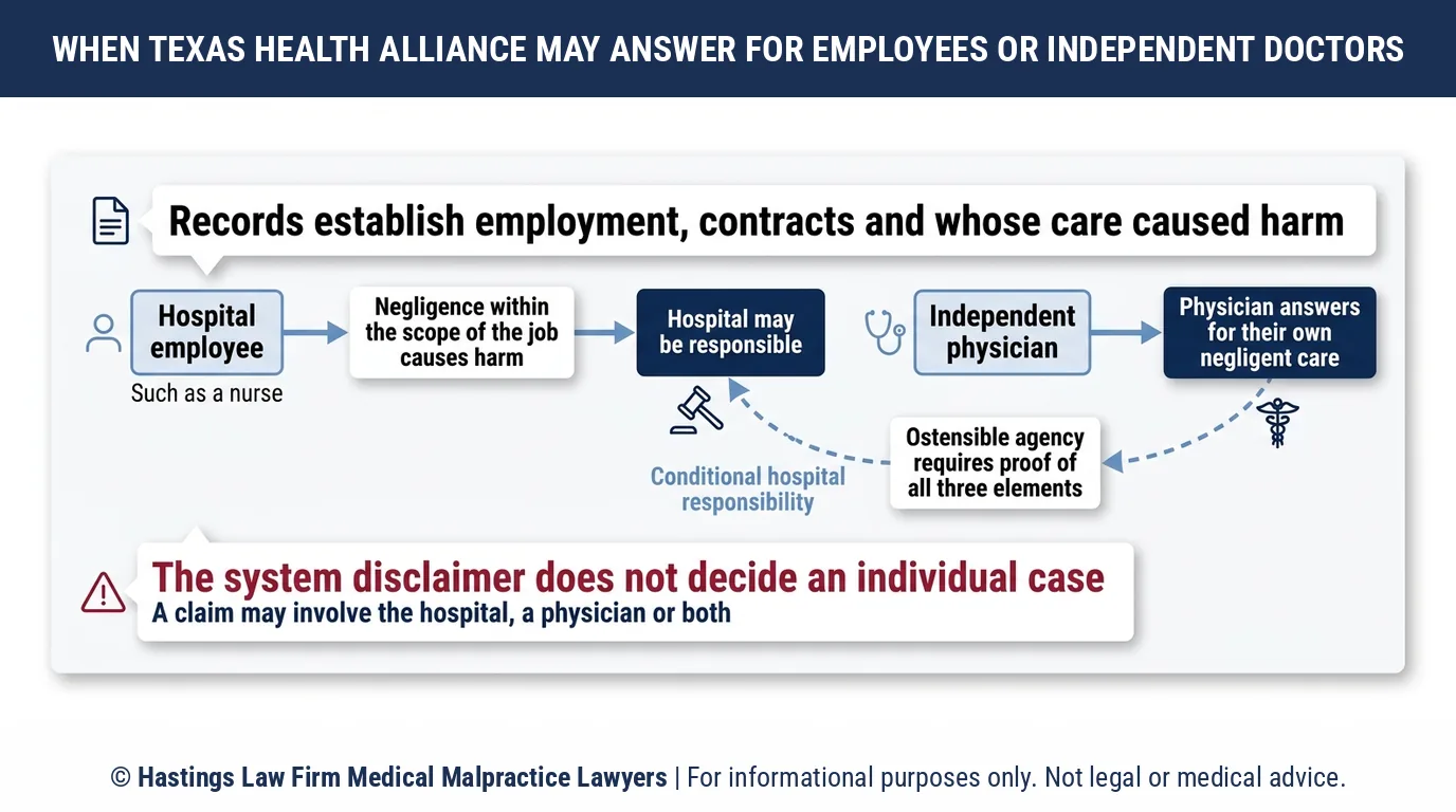 Is Texas Health Alliance liable for an independent doctor's mistake, or should a hospital negligence lawyer sue the physician.