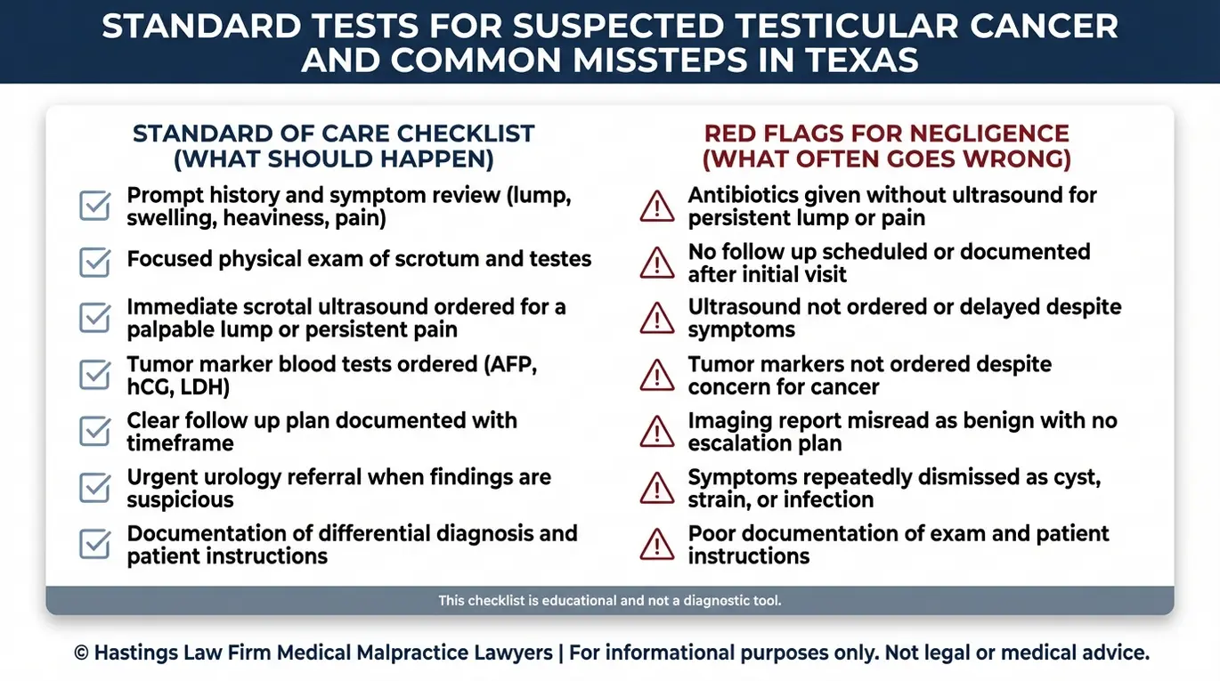 Lista de verificación que recoge las pruebas estándar y los indicios de alerta que utiliza un abogado especializado en diagnósticos erróneos de cáncer testicular según el modelo Texas para evaluar los casos de retraso en el diagnóstico y de falta de diagnóstico de cáncer testicular.