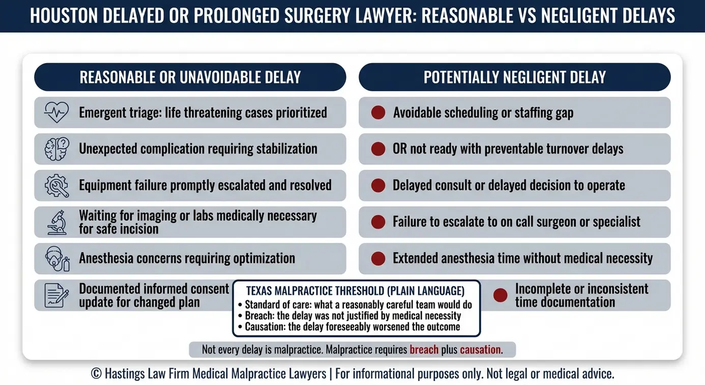 Comparison chart explaining how a Houston delayed or prolonged surgery lawyer distinguishes reasonable surgical delays from potentially negligent delays using standard of care breach and causation factors.