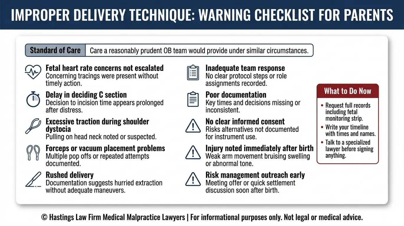 Warning checklist of medical malpractice red flags for parents seeking a Texas Improper Delivery Technique Lawyer including fetal monitoring concerns delayed C section excessive traction and forceps or vacuum issues.