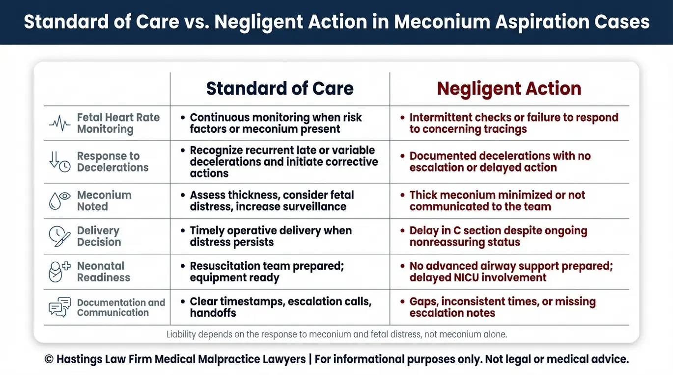 Comparison chart explaining how a Texas Meconium Aspiration Syndrome Lawyer evaluates standard of care actions versus negligent actions involving fetal heart rate monitoring meconium response delivery decisions and neonatal readiness.