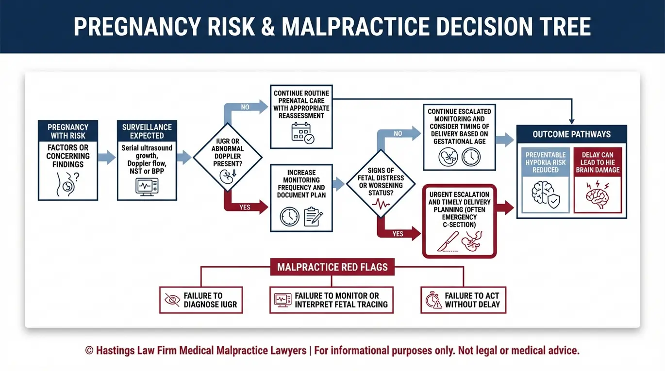 Decision tree flowchart showing how missed monitoring or delayed emergency delivery can turn placental insufficiency into malpractice for a Texas Placental Insufficiency Malpractice Lawyer evaluation.
