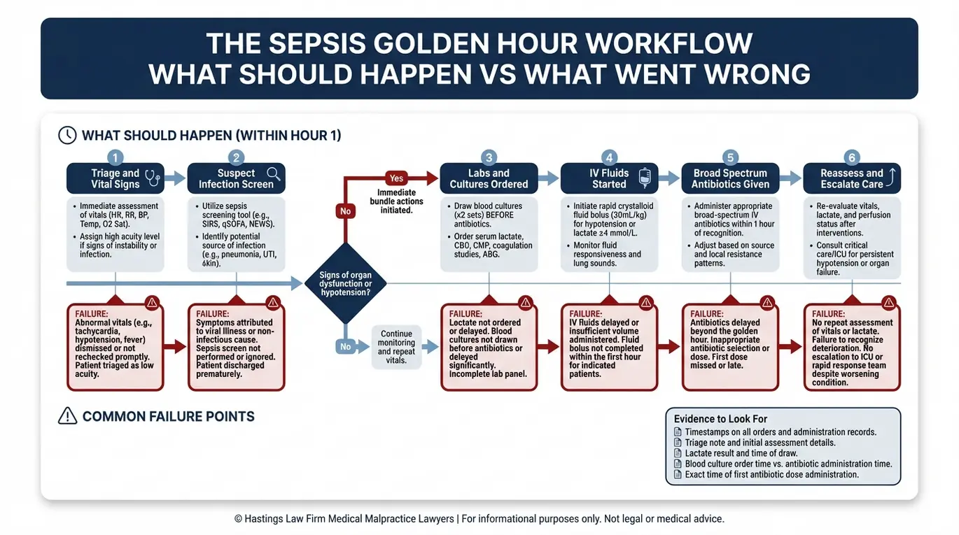 Diagrama de flujo del proceso de la hora de oro de la sepsis y puntos comunes de retraso que un abogado especializado en negligencias en sepsis de Texas revisa por falta de diagnóstico y retraso en la administración de antibióticos.