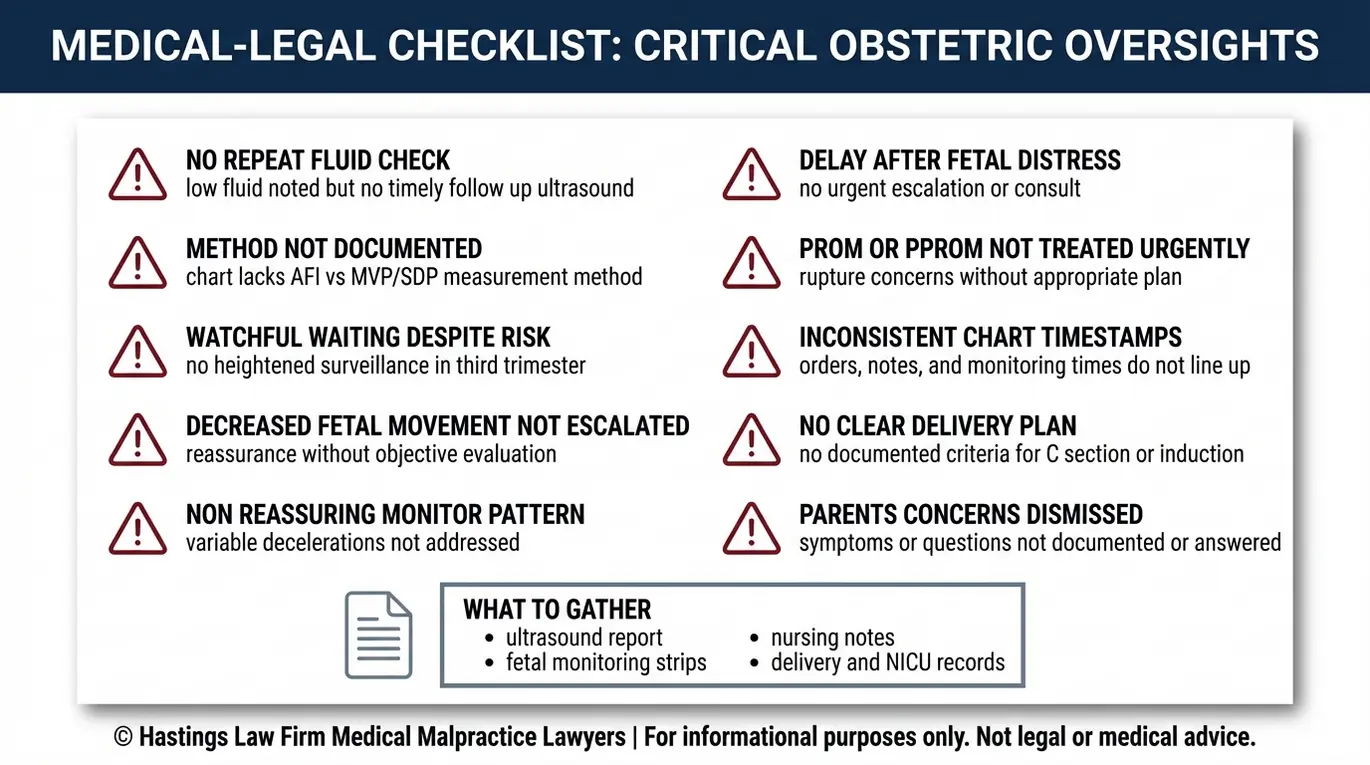 Warning checklist of standard of care red flags for oligohydramnios that a Texas Low Amniotic Fluid Birth Injury Lawyer reviews when assessing malpractice.