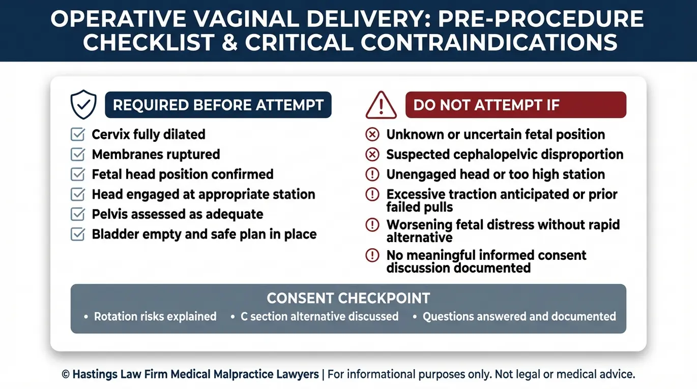 Warning checklist of prerequisites and contraindications for rotational forceps with informed consent checkpoints used by an Arizona Rotational Forceps Birth Injury Lawyer to evaluate negligence red flags.